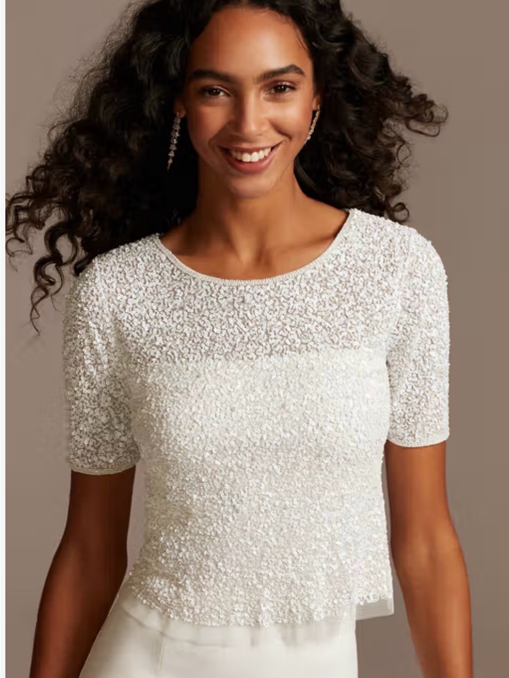 White Sequin Crop Top with Short Sleeves